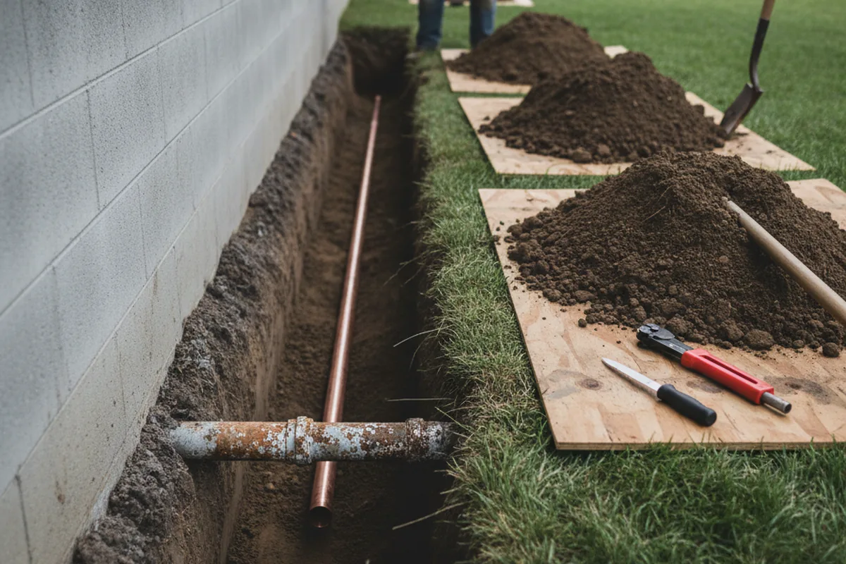 Excavated water line trench during Sewer Line Repair in Palatine Bridge